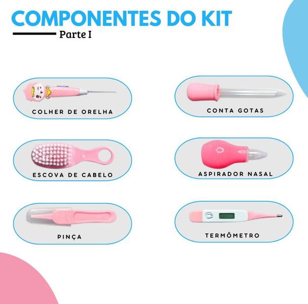 Imagem de Kit bebê higiene escova termômetro tesoura pente 13 unidades Com Estojo