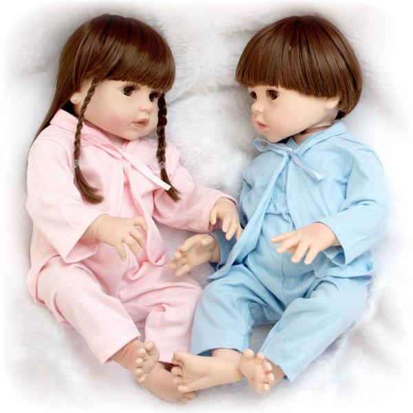 Imagem de Kit Bebê Reborn Gêmeos Casal 52cm 100% Silicone Acessórios