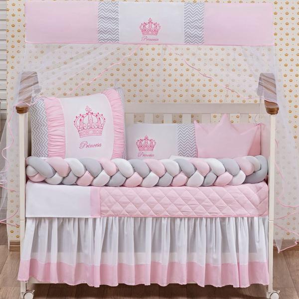 Imagem de Kit Berço Americano Coroa Princesa Rosa Menina 12 peças com Saia berço