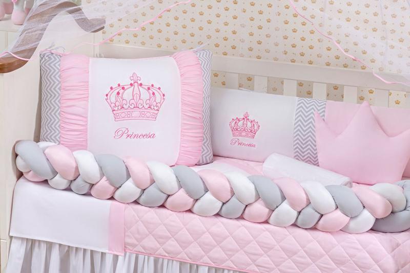 Imagem de Kit Berço Americano Coroa Princesa Rosa Menina 12 peças com Saia berço