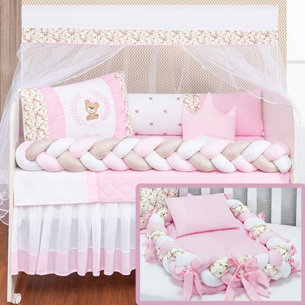 Kit Berço Protetor Lateral Trança Completo Urso Teddy Rosa Menina+ Ninho Trança 15 peças -...