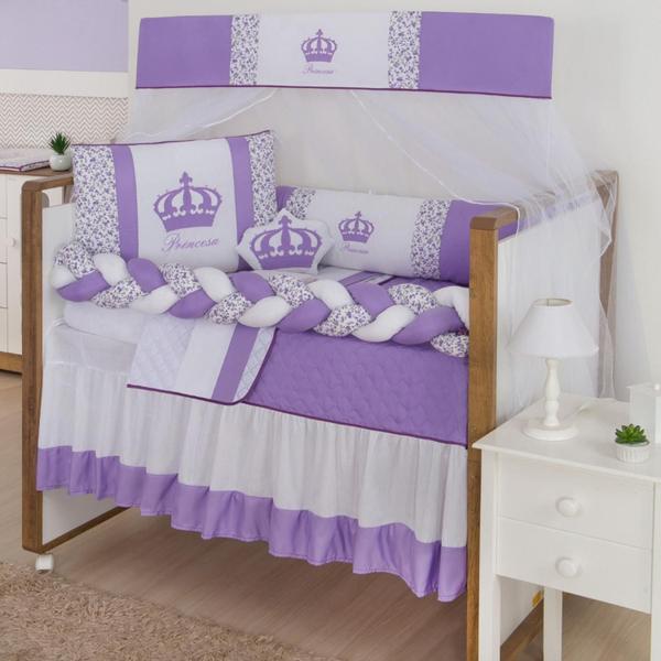 Imagem de Kit Berço Trança Menina Princesa Floral Lilas com Almofada 10 Peças