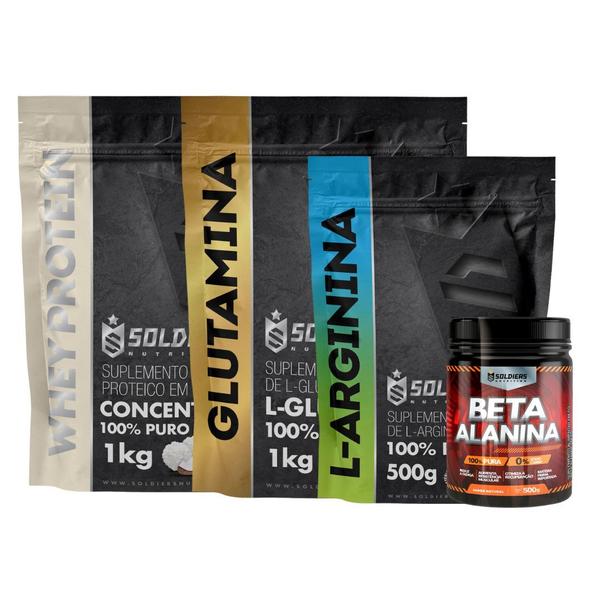 Imagem de Kit: Beta Alanina 500g + Arginina 500g + Whey Protein Concentrado 1Kg + Glutamina 1Kg - 100% Importado - Soldiers Nutrit