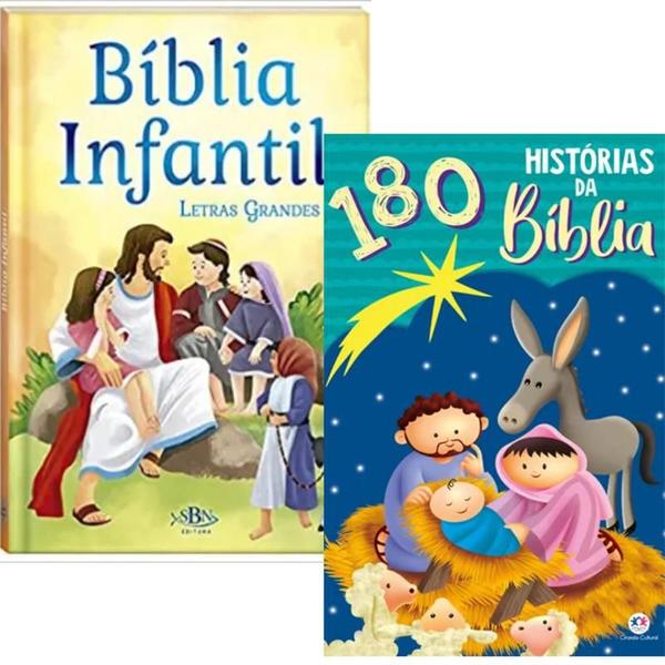 Imagem de Kit Bíblia Infantil  Letra Grande  Capa Dura Almofadada + Livro 180 Histórias da Bíblia  Ciranda Cultural  Crianças