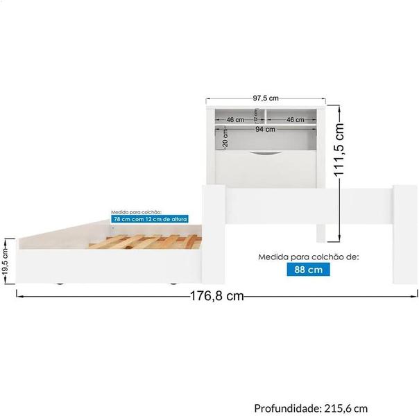 Imagem de Kit Bicama Solteiro Branca Moderna Para Quarto Com Cabeceira Baú Acoplado Com Prateleiras + Cama Auxiliar + 1 Colchão Solteiro 88 Inv