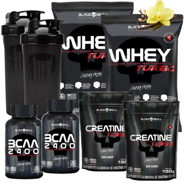 Imagem de Kit Black Skull: 2x Whey Turbo 907g + 2x Creatina Refil 150g + 2x Bcaa 30 tabs + 2 Coqueteleiras