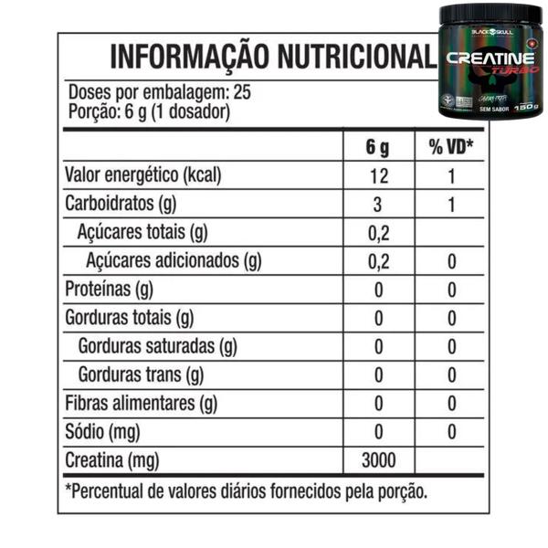 Imagem de Kit Black Skull - Creatina Monohidratada Turbo 150g + Termogênico Thermo Flame 60 caps + Whey 100% HD REFIL Gourmet 450g - Força Ganho de Massa Magra