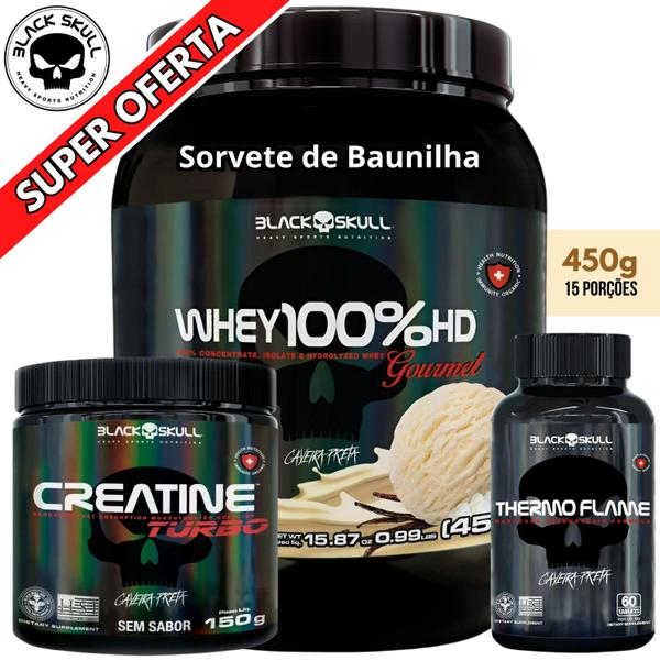 Imagem de Kit Black Skull - Whey 100% HD POTE Gourmet 450g + Creatina Monohidratada Turbo 150g + Termogênico Thermo Flame 60 caps- Combo Ganho de Massa Muscular