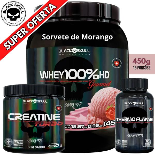 Imagem de Kit Black Skull - Whey 100% HD POTE Gourmet 450g + Creatina Monohidratada Turbo 150g + Termogênico Thermo Flame 60 caps- Combo Ganho de Massa Muscular