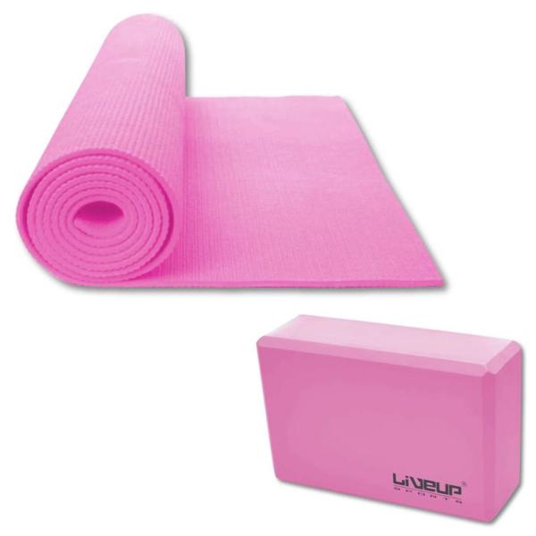 Imagem de Kit Bloco de Apoio para Yoga em Eva Rosa Liveup + Colchonete Tapete para Yoga Ginastica Eva Rosa  Liveup Sports 