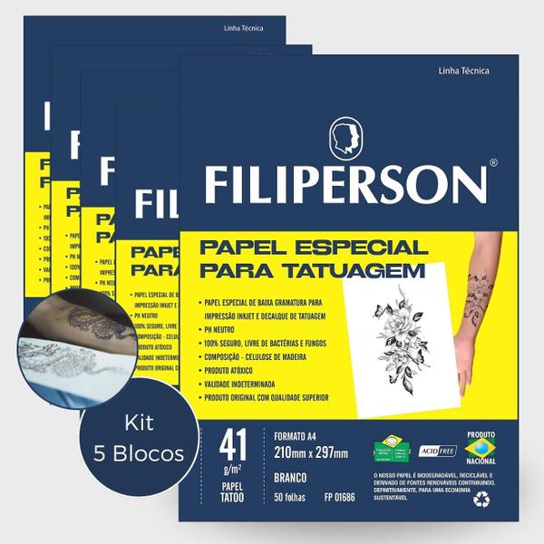 Imagem de Kit Bloco Papel para Decalque Tatuagem 5 Blocos 41g/m2 A4 250 Folhas Filiperson