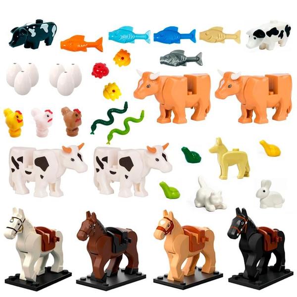 Imagem de Kit Blocos de montar Fazenda 29 Animais + 6 ovinhos Vaca Cavalo Porco Galinha animal Compatível com Classic