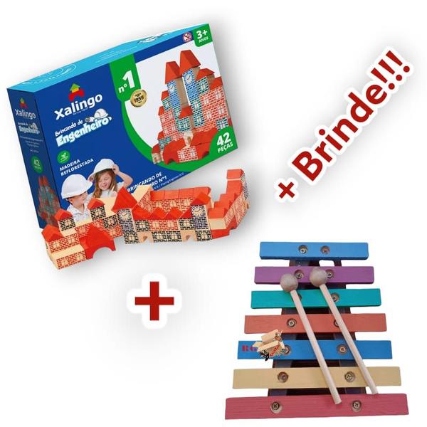 Imagem de Kit Blocos Engenheiro + Brinquedo Pedagógico Educativo Em Madeira + Livro