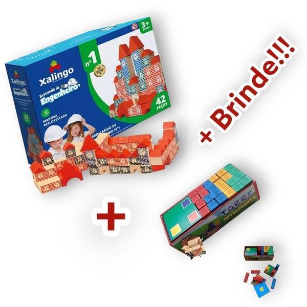 Imagem de Kit Blocos Engenheiro + Brinquedo Pedagógico Madeira + Brind