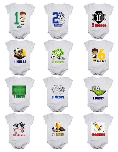 Imagem de Kit body bebê mesversario manga curta estampa futebol 12 bodies 1 a 12 meses