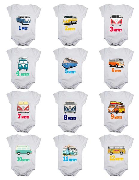 Imagem de Kit body bebê mesversario manga curta estampa kombi 12 bodies 1 a 12 meses