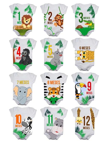 Imagem de Kit Body Bebê Mesversario Safari Animais Selva 1 a 12 Meses