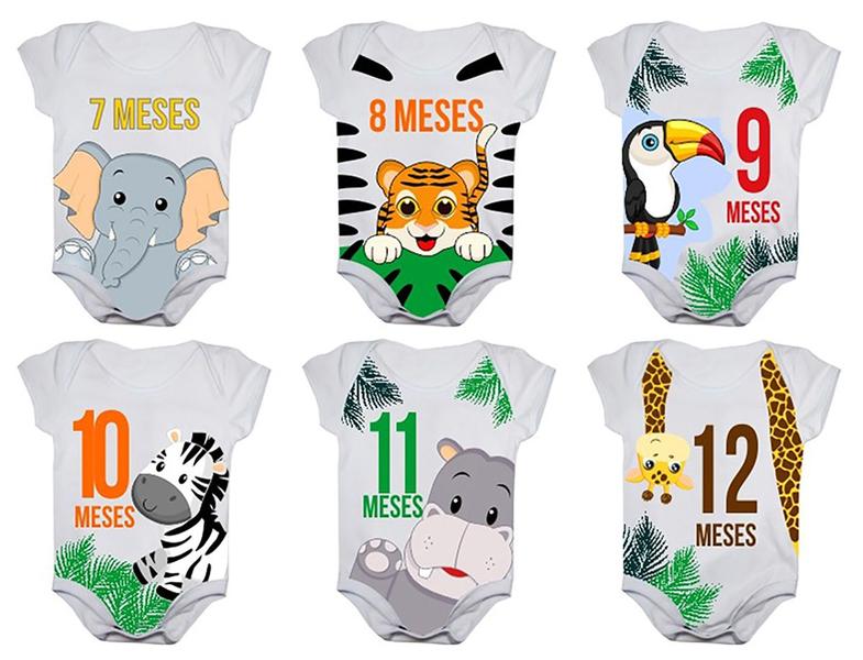 Imagem de Kit Body Bebê Mesversario Safari Animais Selva 1 a 12 Meses