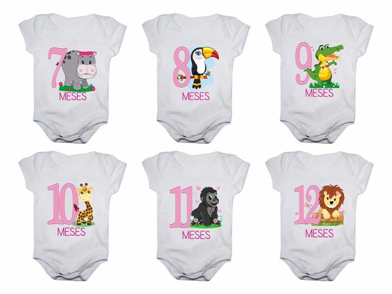 Imagem de Kit body de bebê mesversario manga curta safari menina 12 bodies 1 a 12 meses