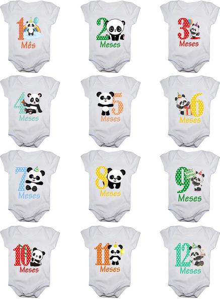 Imagem de Kit body de bebê mesversario panda 12 bodies De 1 a 12 meses