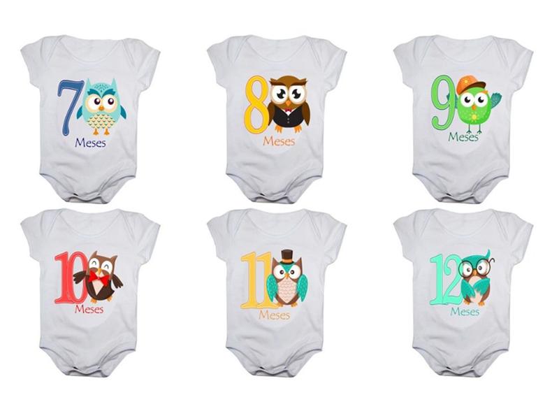 Kit Body Mesversario Corujinhas 12 Bodies de Bebê Corujas - Calupa Imagem de Kit Body Mesversario Corujinhas 12 Bodies de Bebê Corujas