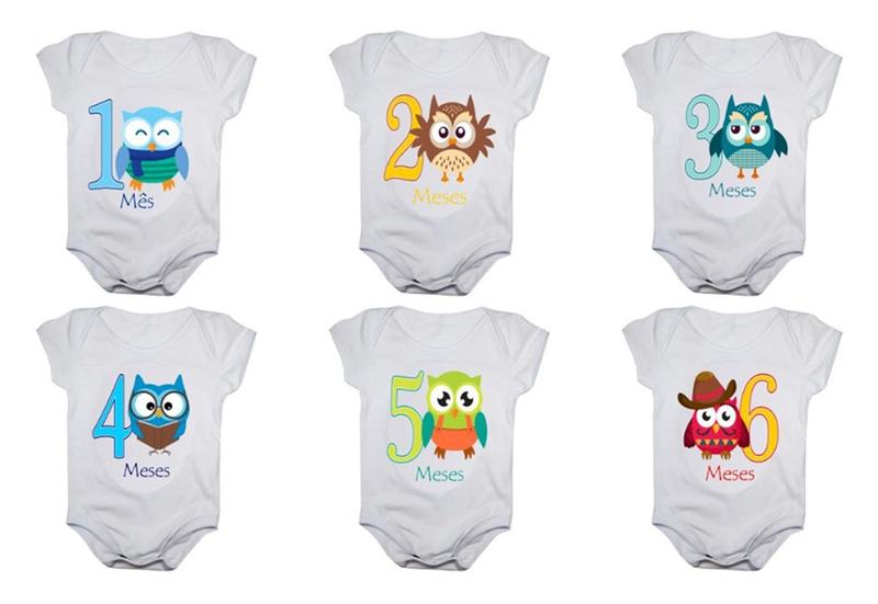 Kit Body Mesversario Corujinhas 12 Bodies de Bebê Corujas - Calupa Imagem de Kit Body Mesversario Corujinhas 12 Bodies de Bebê Corujas