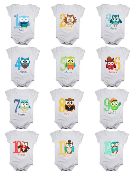 Kit Body Mesversario Corujinhas 12 Bodies de Bebê Corujas - Calupa Imagem de Kit Body Mesversario Corujinhas 12 Bodies de Bebê Corujas