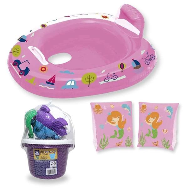 Imagem de Kit Boia Bote Infantil com Fralda Rosa + Boia de Braco Infantil + Baldinho de Praia com 8 Pecas em Cores Sortidas