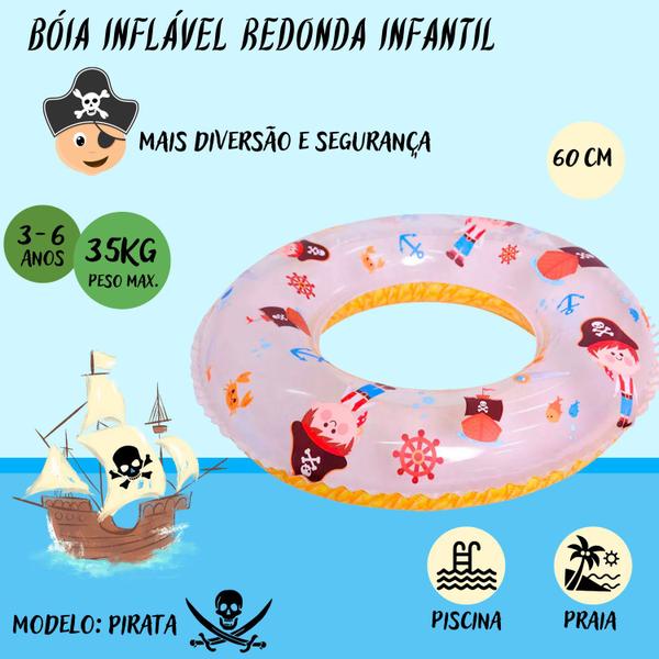 Imagem de Kit Boia Inflável Aventura Pirata Infantil Com Sereia 60Cm Redonda Piscina Praia Material Reforçado Para Evitar Furos