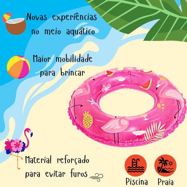 Imagem de Kit Boia Inflável Flamingo Infantil 50Cm Com Sereia 60Cm Redonda Piscina Praia Material Reforçado Para Evitar Furos