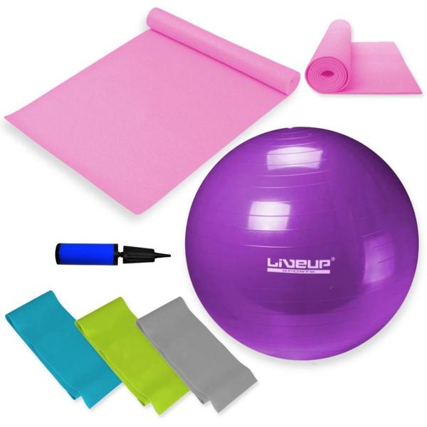 Imagem de Kit Bola Pilates 55 Cm + Colchonete Rosa + 3 Faixas Elasticas Tensao Media / Forte / Extra Forte + Mini Bomba