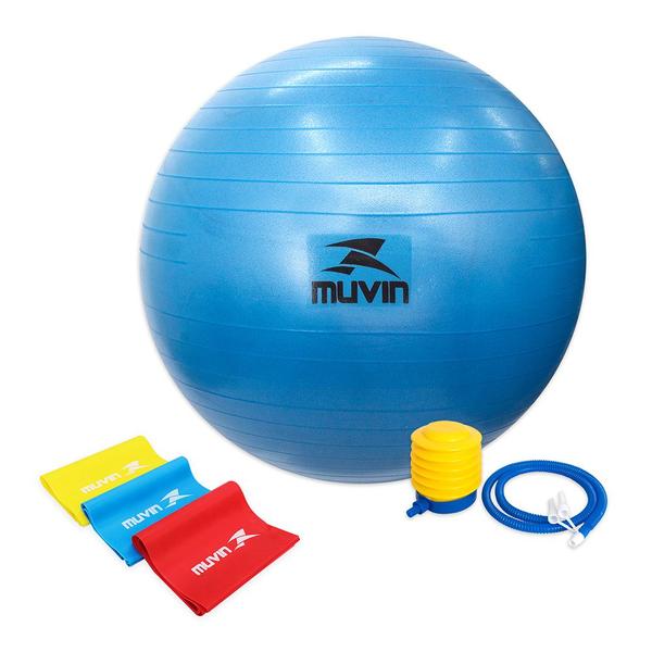 Imagem de Kit Bola Pilates 65cm Muvin  Antiestouro  Até 300kg + Kit Faixa Elástica 3 Tensões 150cm x 15cm