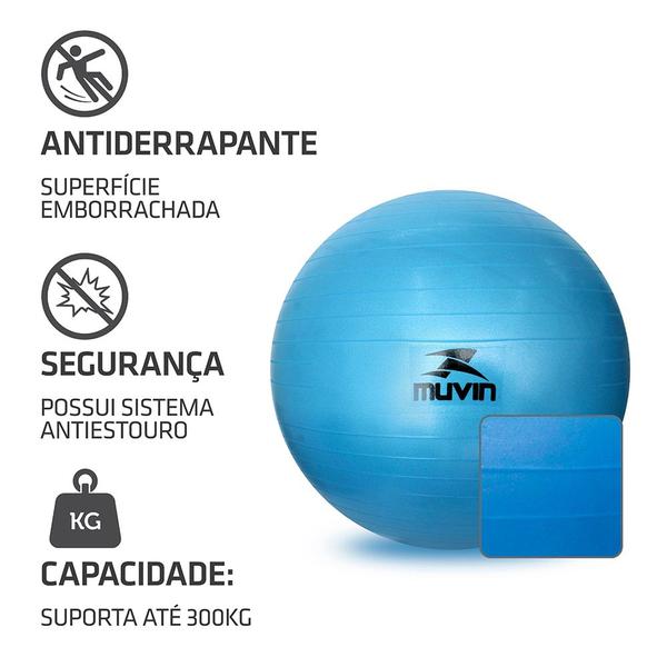 Imagem de Kit Bola Pilates 65cm Muvin  Antiestouro  Até 300kg + Kit Faixa Elástica 3 Tensões 150cm x 15cm