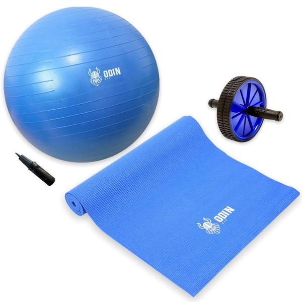 Imagem de Kit Bola Suiça 65Cm Gym Ball Roda Abdominal Tapete Yoga Odin