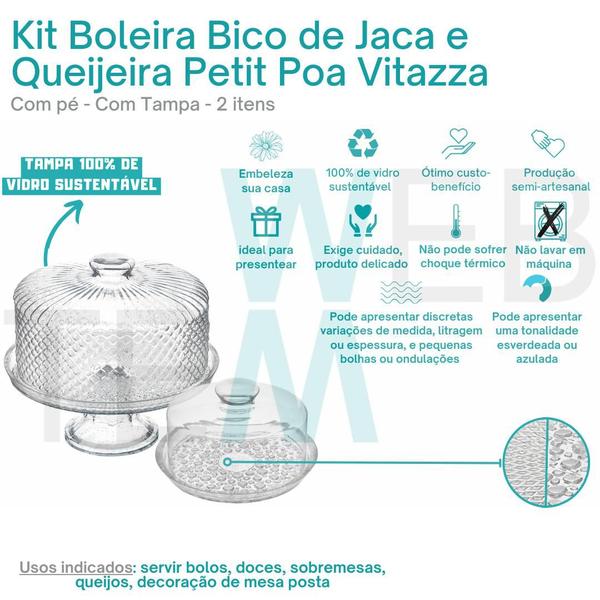 Imagem de Kit Boleira com Pé Bico de Jaca Prato 28cm para Bolo e Queijeira Petit Poa de Vidro Vitazza Mesa Posta Praticidade Sustentável Organização Decoração