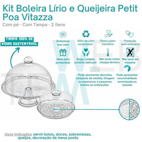 Imagem de Kit Boleira com Pé Lírio Prato 32cm para Bolo e Queijeira Porta Queijos Petit Poa de Vidro Vitazza Decoração Mesa Posta com Praticidade Sustentável