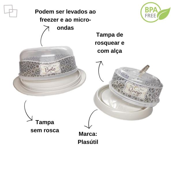 Imagem de Kit boleira para sobremesas sem rosca e queijeira com tampa decorado resistente plástico