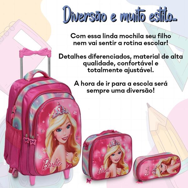 Imagem de Kit Bolsa Escolar Feminina Barbie 3d Rodinha Reforçada Tam G