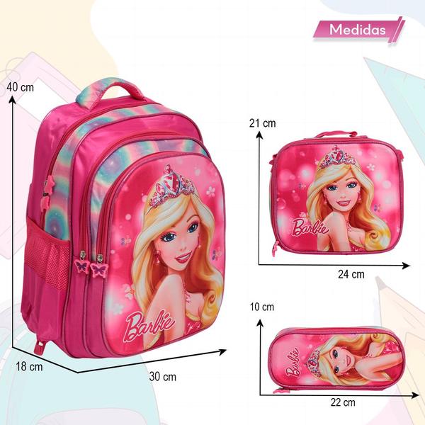 Imagem de Kit Bolsa Escolar Feminina Barbie Costas Passeio Creche