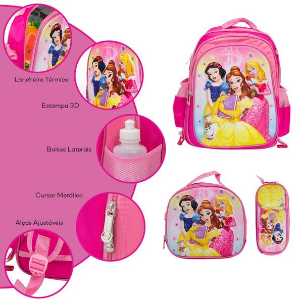 Imagem de Kit Bolsa Escolar Feminina Costas Princesas Passeio Creche