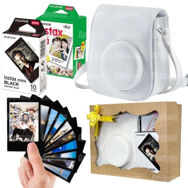 Imagem de Kit Bolsa Instax Mini Branca Com Caixa De Presente + 20 Fotos + Filme Black