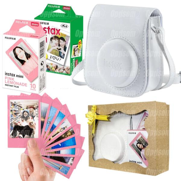 Imagem de Kit Bolsa Instax Mini Branca Com Caixa De Presente + 20 Fotos + Filme Lemonade