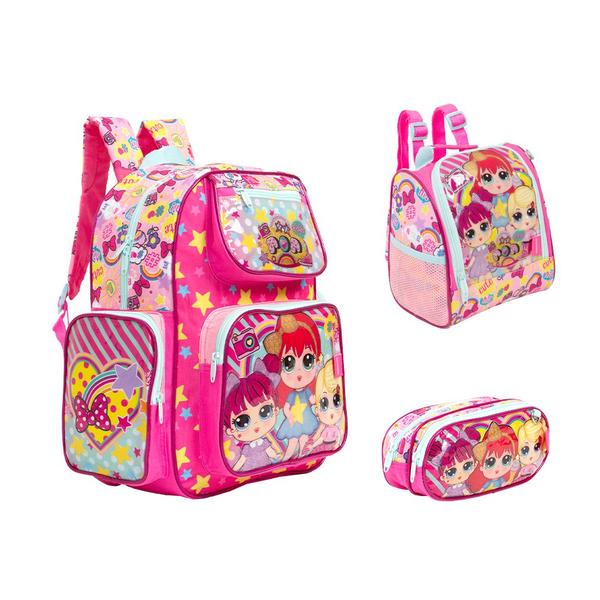 Imagem de Kit Bolsa Mochila Escolar LOL Juvenil Rosa Costas