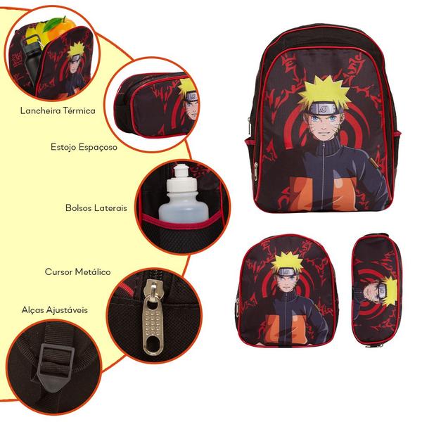 Imagem de Kit Bolsa Mochila Escolar Masculina Naruto Cor Preta Barata