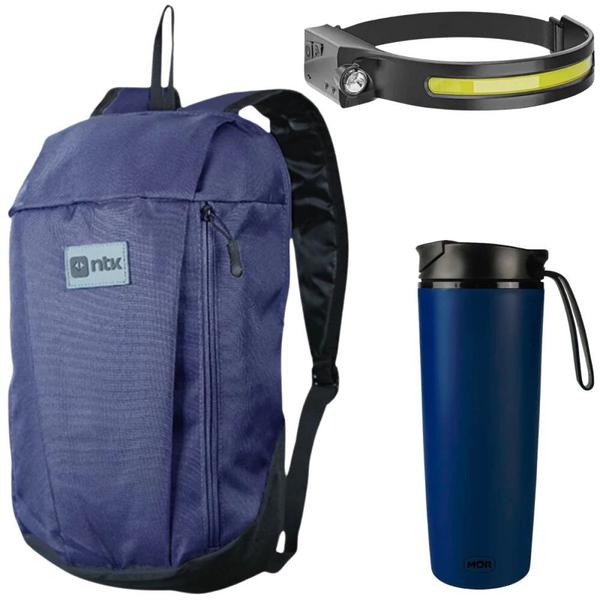 Imagem de Kit Bolsa para Caminhada Azul Ntk Ioio + Lanterna de Cabeca com Sensor + Copo Aco Inox Antiqueda Azul