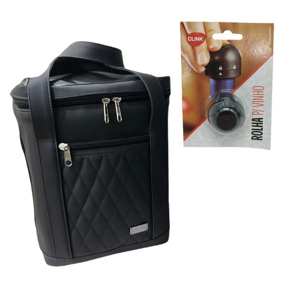 Imagem de Kit Bolsa Porta Vinho Elegante Preta e Rolha p/Vinho - Coutre Bolsas