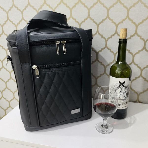 Imagem de Kit Bolsa Porta Vinho Elegante Preta e Rolha p/Vinho - Coutre Bolsas