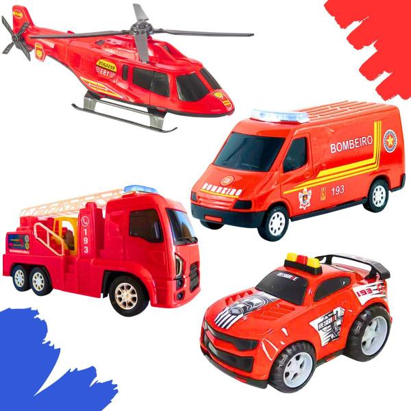 Imagem de Kit Bombeiro 1 Helicóptero 1 Caminhão 1 Van 1 Carrinho Criança Infantil