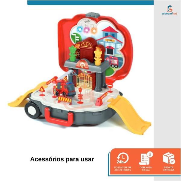 Imagem de Kit Bombeiro Faz de Conta Maleta de Brinquedos Infantil Portátil Vira Bancada Interativo Mochila com Rodas