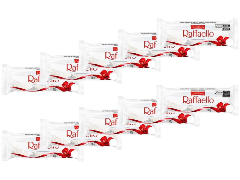 Kit Bombom Confetteria Wafer Raffaello Amêndoa - 30g 10 Pacotes com 3 Unidades Cada Imagem de Kit Bombom Confetteria Wafer Raffaello Amêndoa